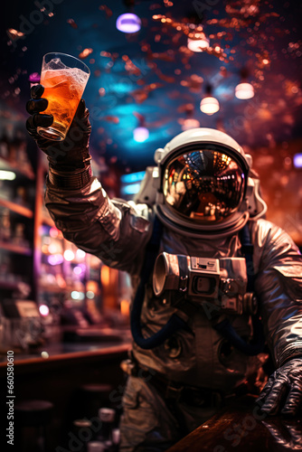vertical image of astronaut in a space suit and helmet at a rave club with a glass of cocktail near the bar