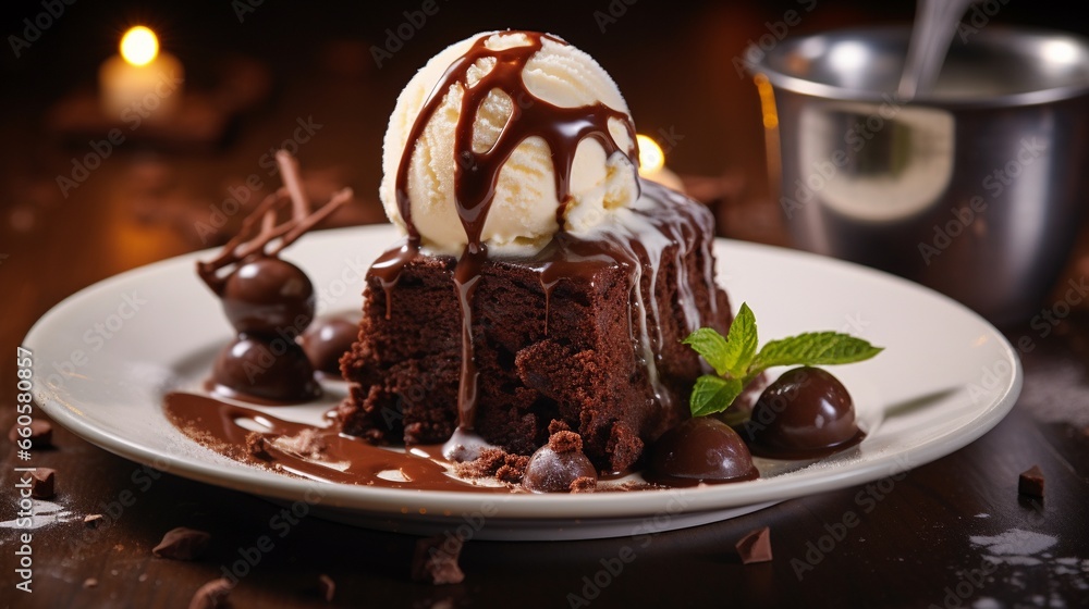 hot chocolate brownie dessert ice cream ball and slice of chocolate cake, luxury sweet pastry in high end restaurant. hot chocolate brownie dessert ice cream ball and slice of chocolate cake, luxury sweet pastry in high end restaurant.