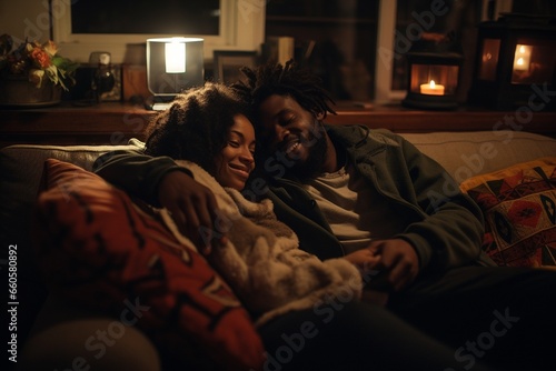 Cozy young couple have a romantic moment in their sofa at home with a chilled ambiance, covered with blanket and cuddle with each other in a warm winter night.