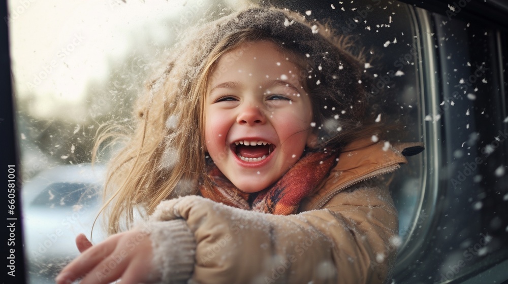 Happy little girl watching and playing with snow from an open car window on the trip of a snowy winter holiday, joyful kid have fun with snow flakes. - obrazy, fototapety, plakaty 