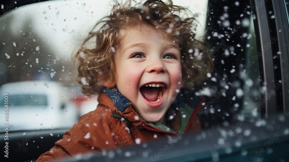 Happy little boy watching and playing with snow from an open car window on the trip of a snowy winter holiday, joyful kid have fun with snow flakes. - obrazy, fototapety, plakaty 