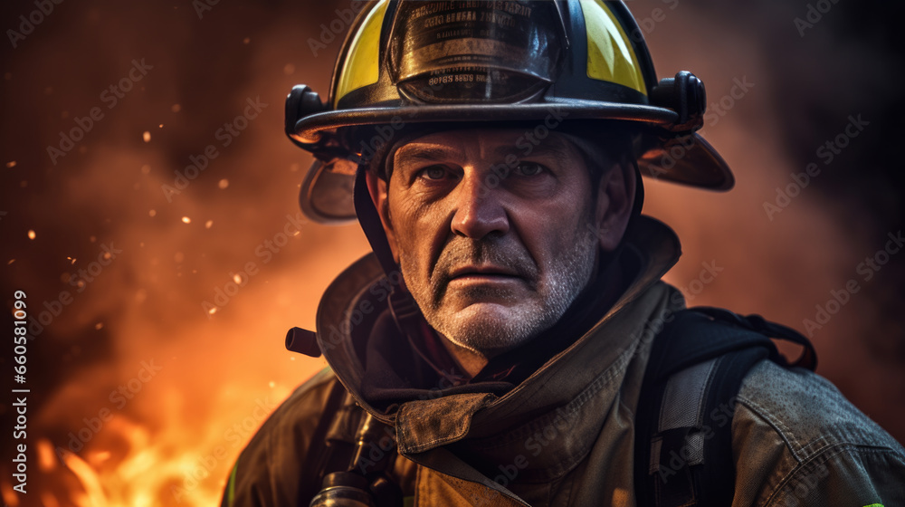 Portrait of a male firefighter in equipment against the background of a burning fire