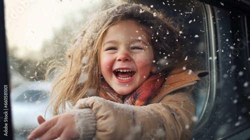 Happy little girl watching and playing with snow from an open car window on the trip of a snowy winter holiday, joyful kid have fun with snow flakes.