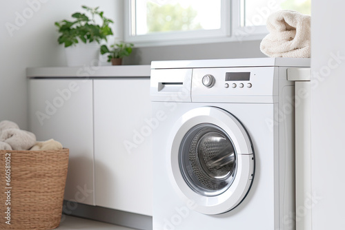 A modern, white laundry machine in a clean home, symbolizing domestic hygiene and housekeeping.
