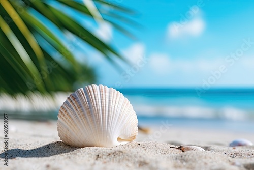 A sunny beachscape with turquoise waters, white sands, and seashells evokes a tropical paradise for vacation.