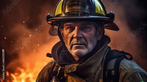 Portrait of a male firefighter in equipment against the background of a burning fire