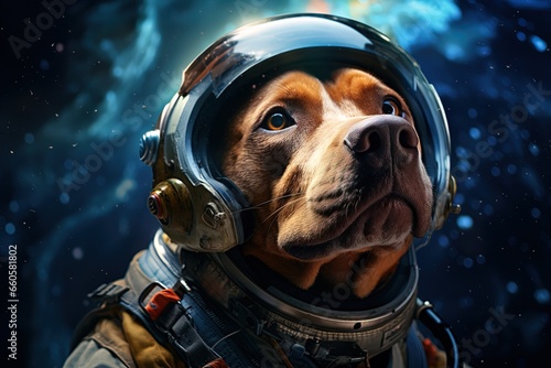 closeup portrait of a dog astronaut in a spacesuit