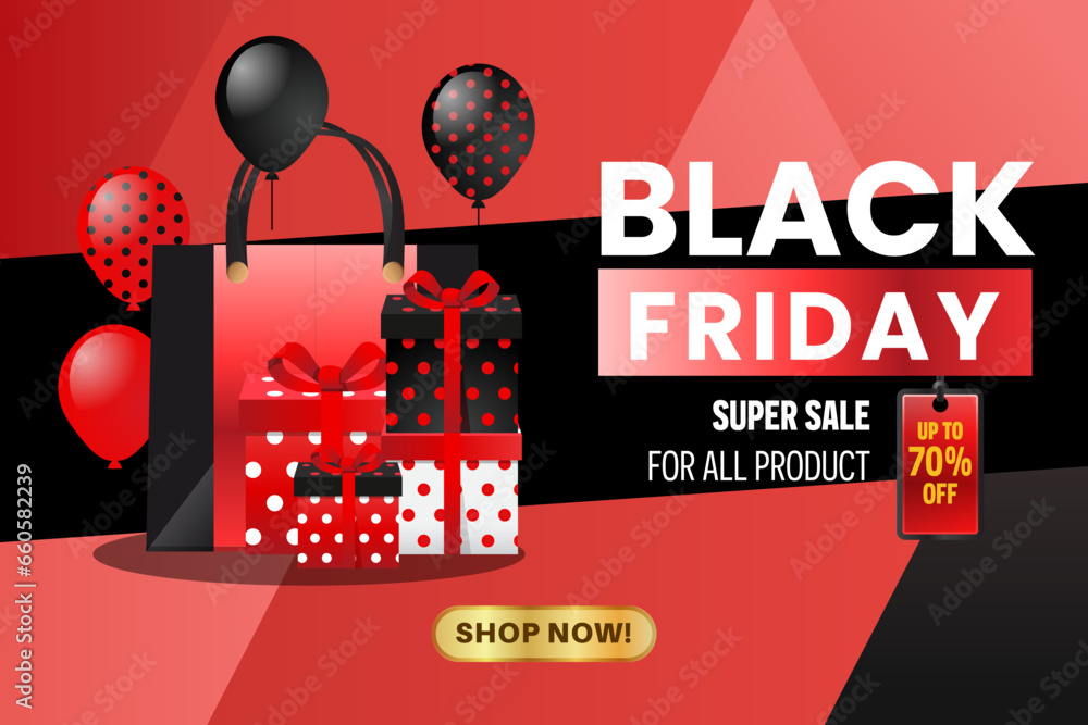 black friday sale banner with a shopping bag, gift box, tag and balloons black friday sale banner with a shopping bag, gift box, tag and balloons