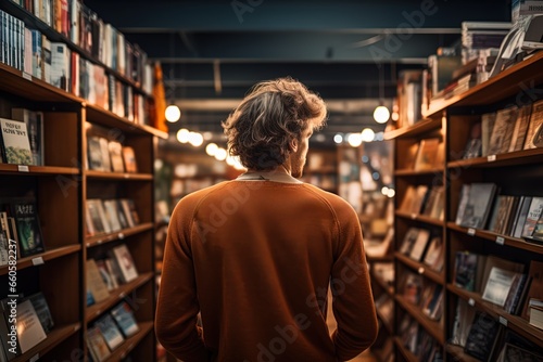 view from the back of a young man with wavy hair in a sweater stands in a bookstore among the shelves with books