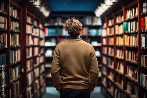 view from the back of a young man in a light sweater stands in a library among the shelves with books