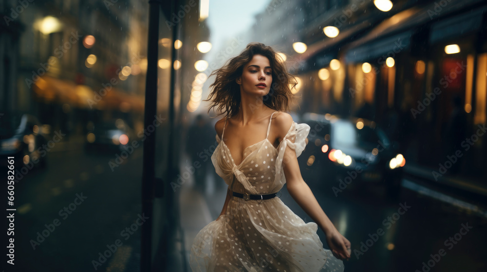 Woman dancing in the street in summer dress, cinematic styled Woman dancing in the street in summer dress, cinematic styled