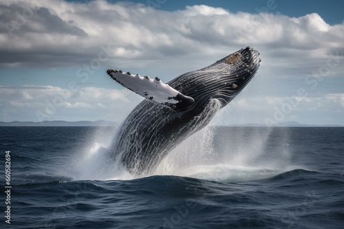 A large whale leaps above surface. Generative AI © Rhiannon