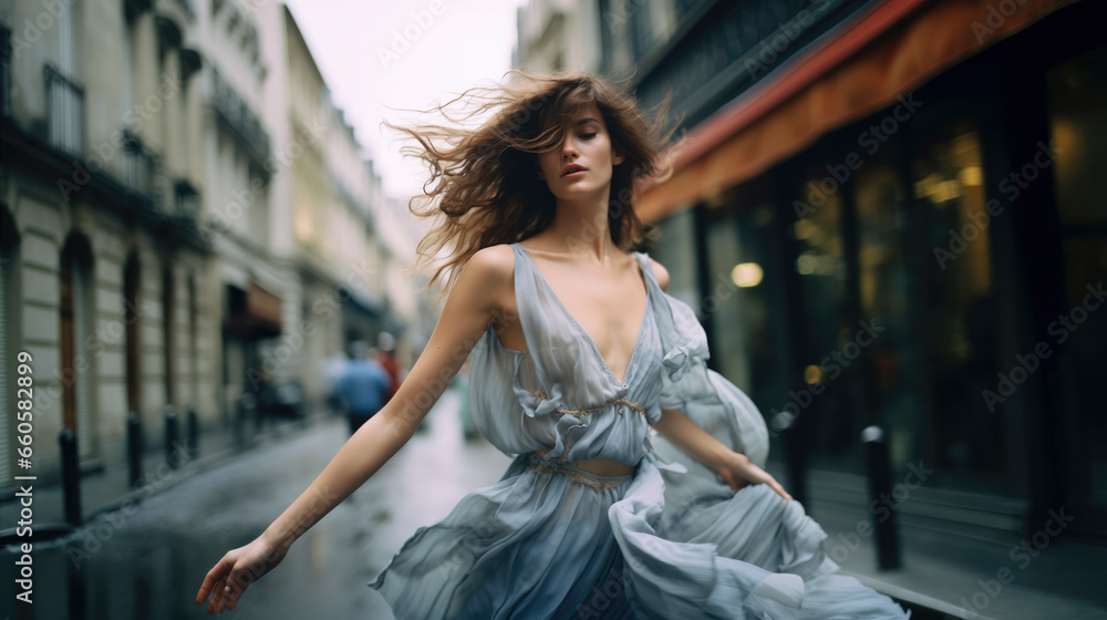 Woman dancing in the street in summer dress, cinematic styled