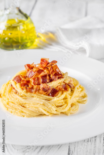 Portion of carbonara pasta