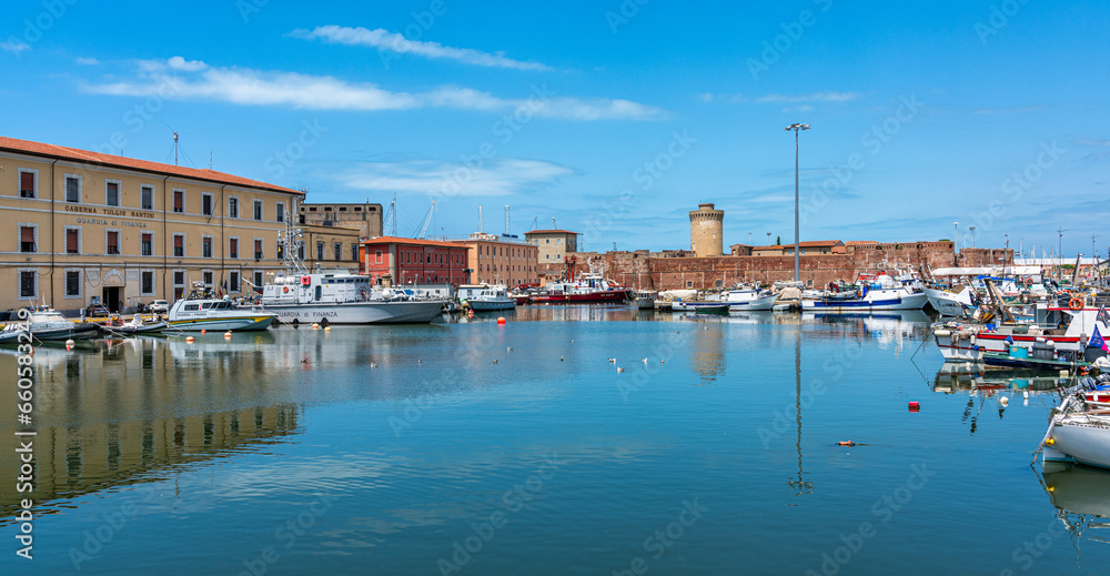 Scenic sight from the harbour of the city of Livorno on a summer morning. Tuscany, Italy. July-22-2023