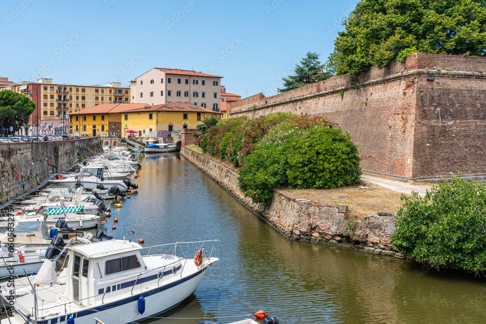 Scenic sight in the beautiful city of Livorno near the Fortezza Nuova, on a summer morning. Tuscany, Italy.