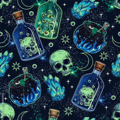 Halloween surreal pattern with glass bottle of poison with human skull. Glowing magic crystals, witch cauldron, sparks, stars, moon. Witchy, mystical, surreal illustration. Not AI