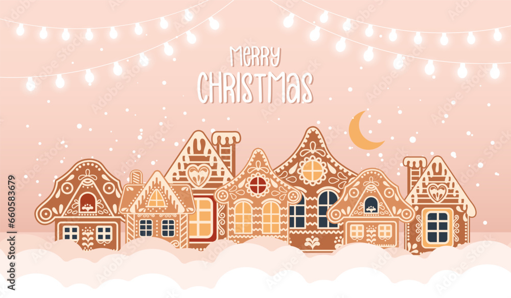 Christmas card with calligraphy, gingerbread houses in the snow with the night sky and moon. Illustration in flat cartoon style. Vector