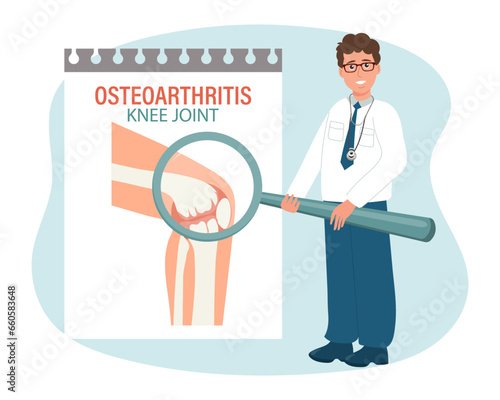Rheumatoid arthritis. Arthrosis of the knee joints. Male doctor with a magnifying glass. Medical infographic banner, poster, vector