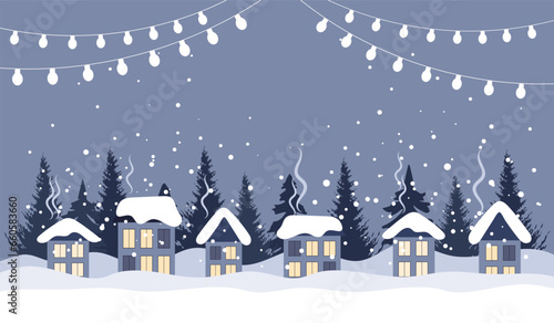 Winter landscape with cute houses, trees and night sky with moon, Merry Christmas greeting card template. Illustration in flat style. Vector