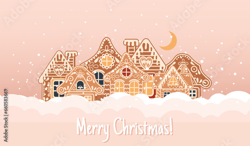 Christmas card with calligraphy, gingerbread houses in the snow with the night sky and moon. Illustration in flat cartoon style. Vector