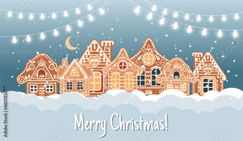 Christmas card with calligraphy, gingerbread houses in the snow with the night sky and moon. Illustration in flat cartoon style. Vector