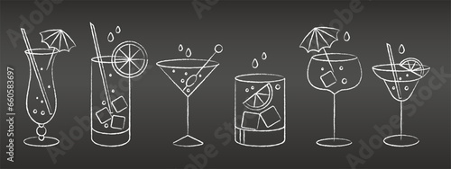 Set of white grunge drawings of refreshing cocktails with ice cubes, straws and umbrellas on a dark background. Drink icons, cafe menu, vector