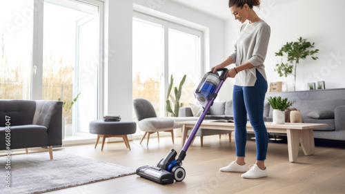 Woman housewife cleans her house with a vacuum cleaner