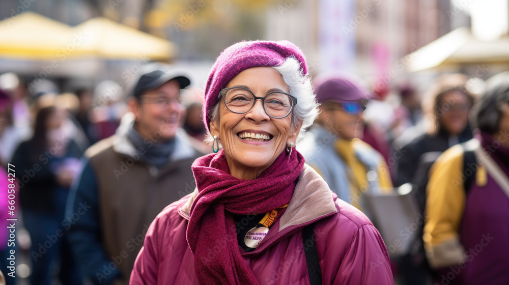 Close up portrait of female activist standing in a crowd of women during demonstration for women's rights Close up portrait of female activist standing in a crowd of women during demonstration for women's rights