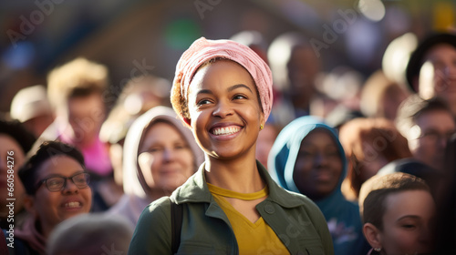 Close up portrait of female activist standing in a crowd of women during demonstration for women's rights © MP Studio