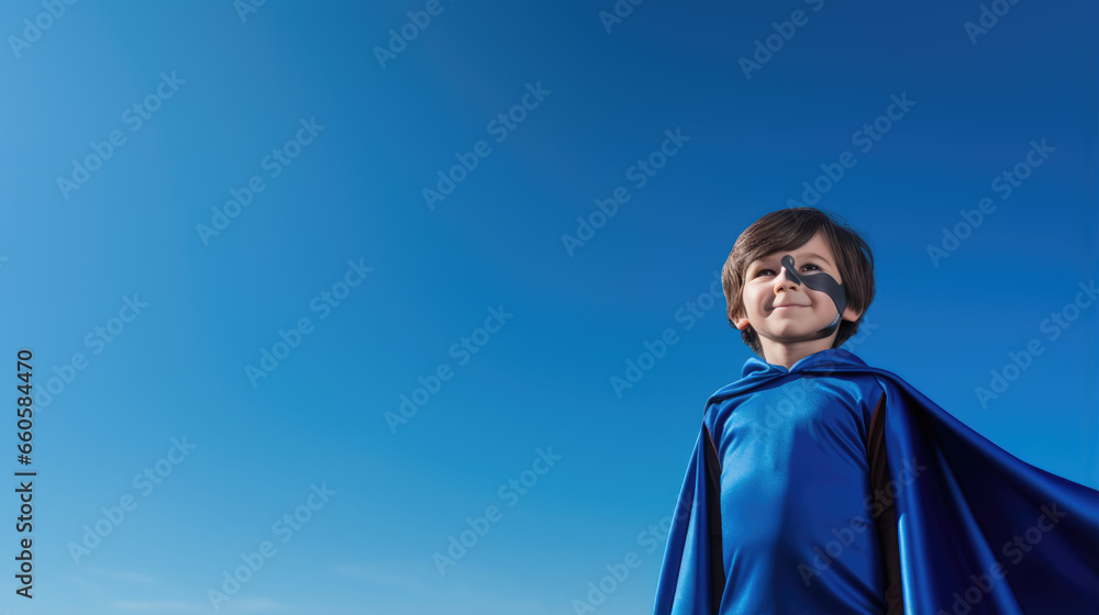 Smiling superhero boy on blue sky background Smiling superhero boy on blue sky background
