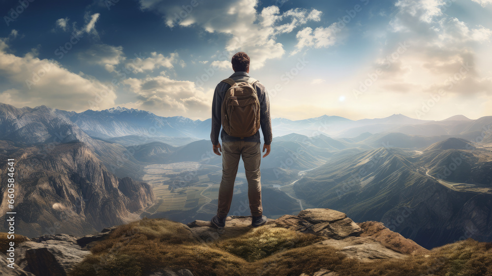Man with his back on top of a mountain looking at the landscape