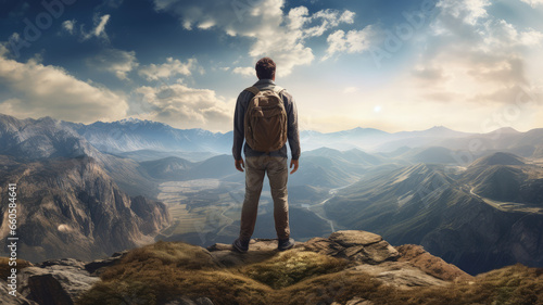 Man with his back on top of a mountain looking at the landscape