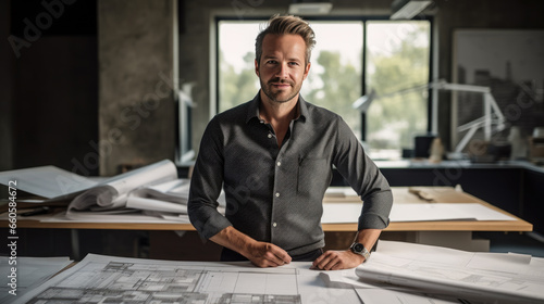 Male architect stands in an office in front of a desk with various architectural projects © MP Studio