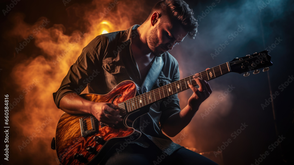 Obraz premium Male musician playing guitar at a rock concert