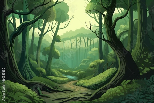 Illustration of lush forest in spring. Generative AI