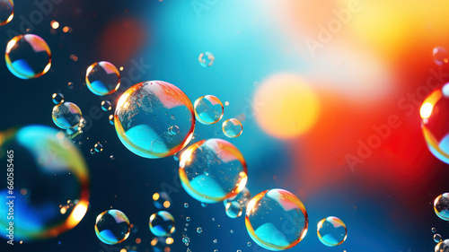 Bubbles transparent in different sizes, little water drops,  on colored unfocused background photo