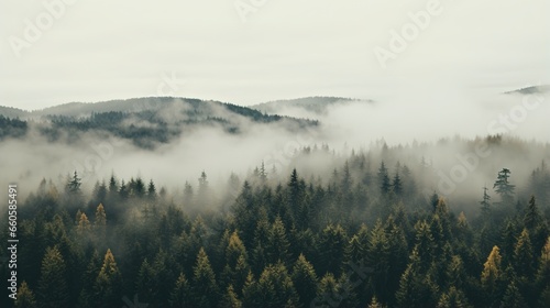 Generative AI, Misty fir forest beautiful landscape in hipster vintage retro style, foggy mountains and trees.  © DELstudio