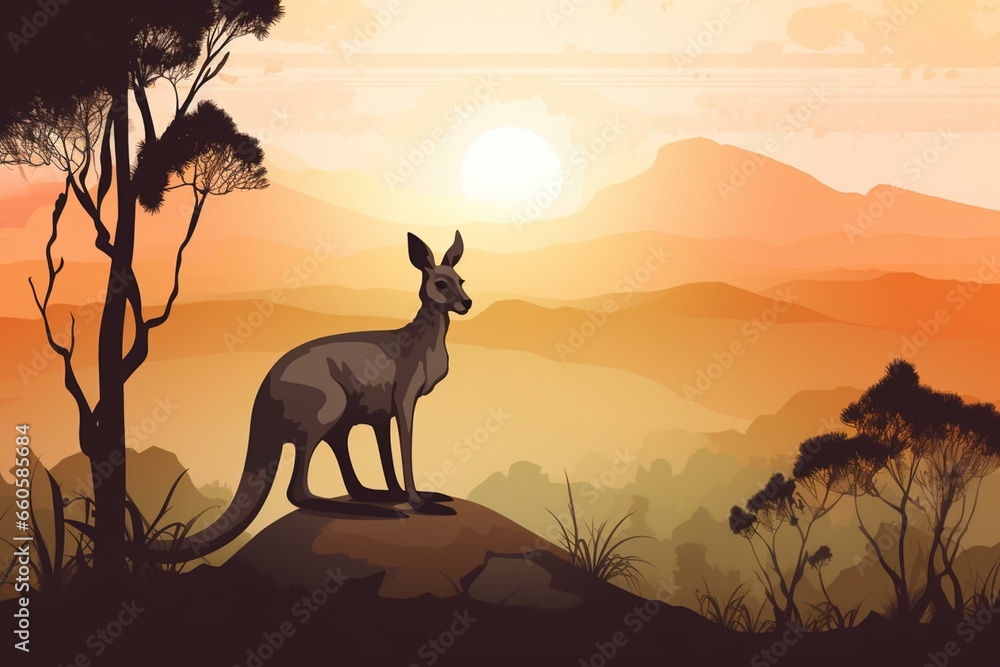 Illustration of a kangaroo with a scenic backdrop. Generative AI