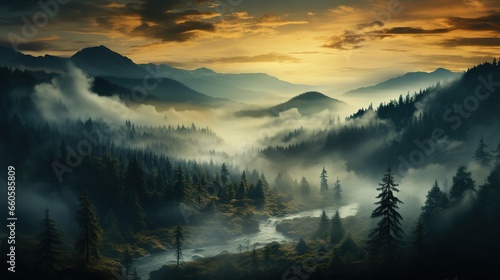 Generative AI, Misty fir forest beautiful landscape in hipster vintage retro style, foggy mountains and trees.  © DELstudio