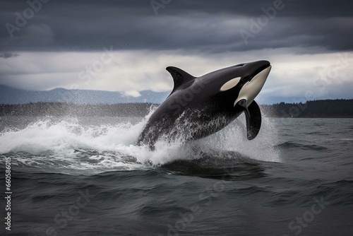 A killer whale leaping out of the ocean during a turbulent weather. Generative AI