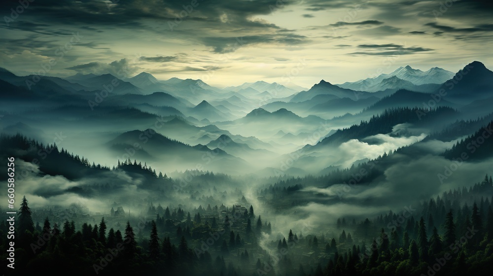 Generative AI, Misty fir forest beautiful landscape in hipster vintage retro style, foggy mountains and trees.	