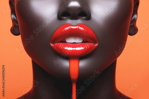 sexy lips with red lipstick, fashion makeup. Generative Ai photo