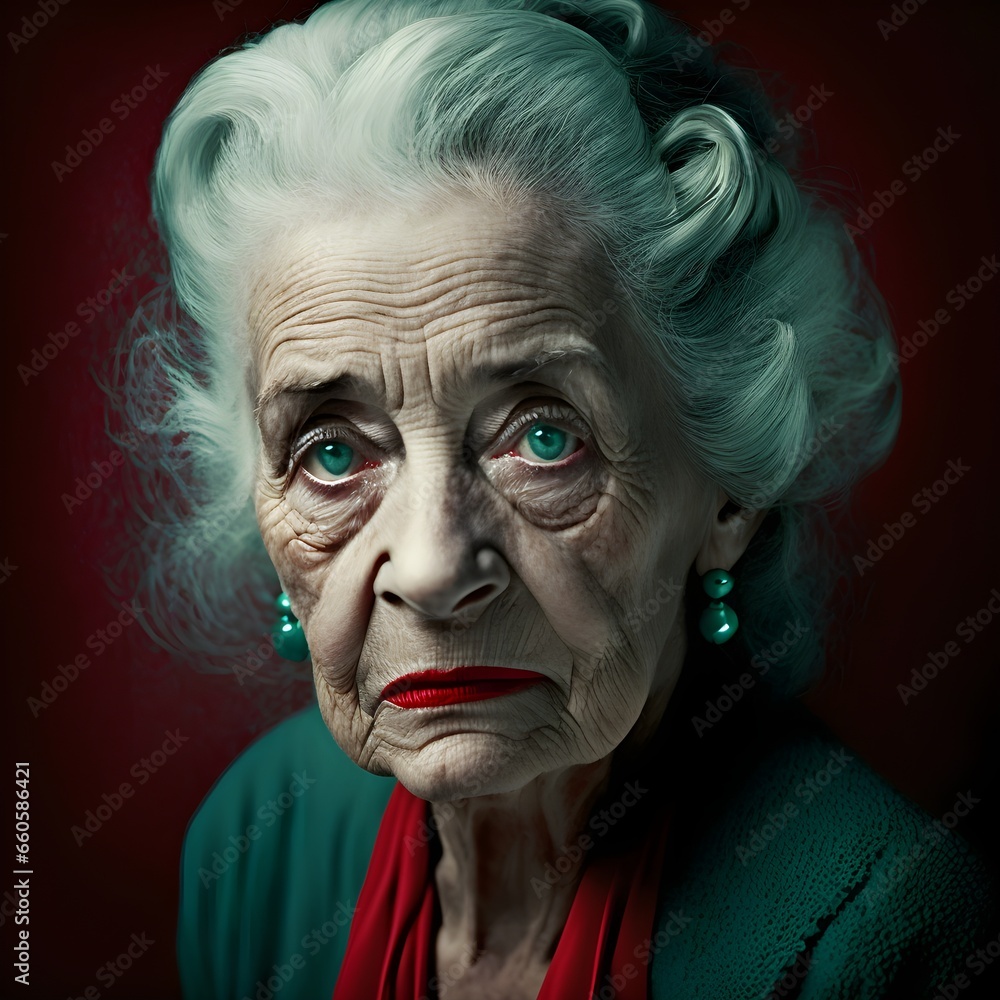 grieving old woman with red lipstick photograph retro 