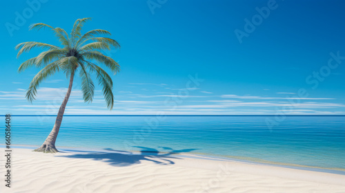Palm tree on a paradise beach with white sand and crystal-clear turquoise water, ideal retreat © Paula