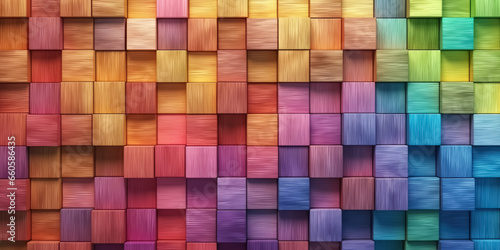 Abstract Geometric Rainbow Colors Colored 3D Wooden Square Cubes Texture Wall Background Banner Illustration Panorama Long