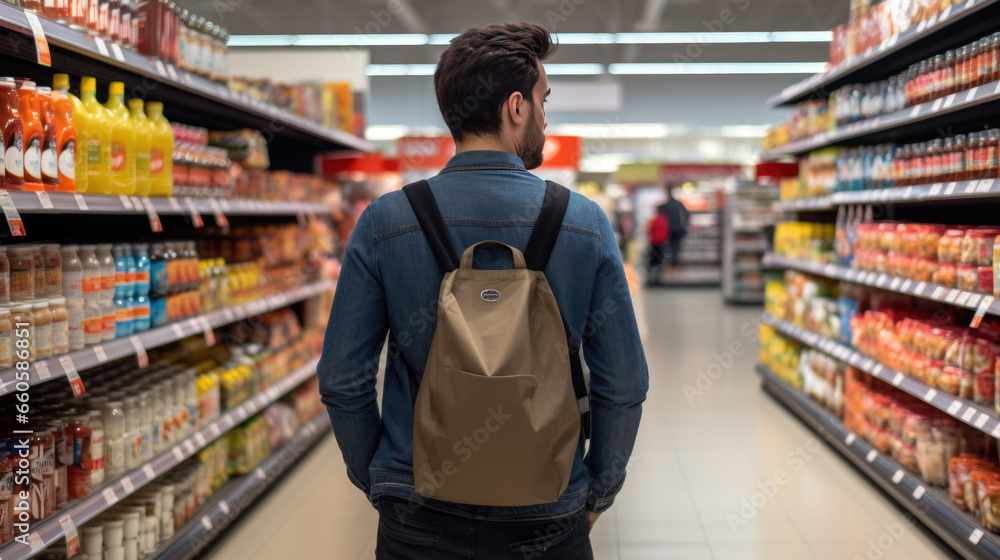 Man stands in a grocery market picking out groceries
