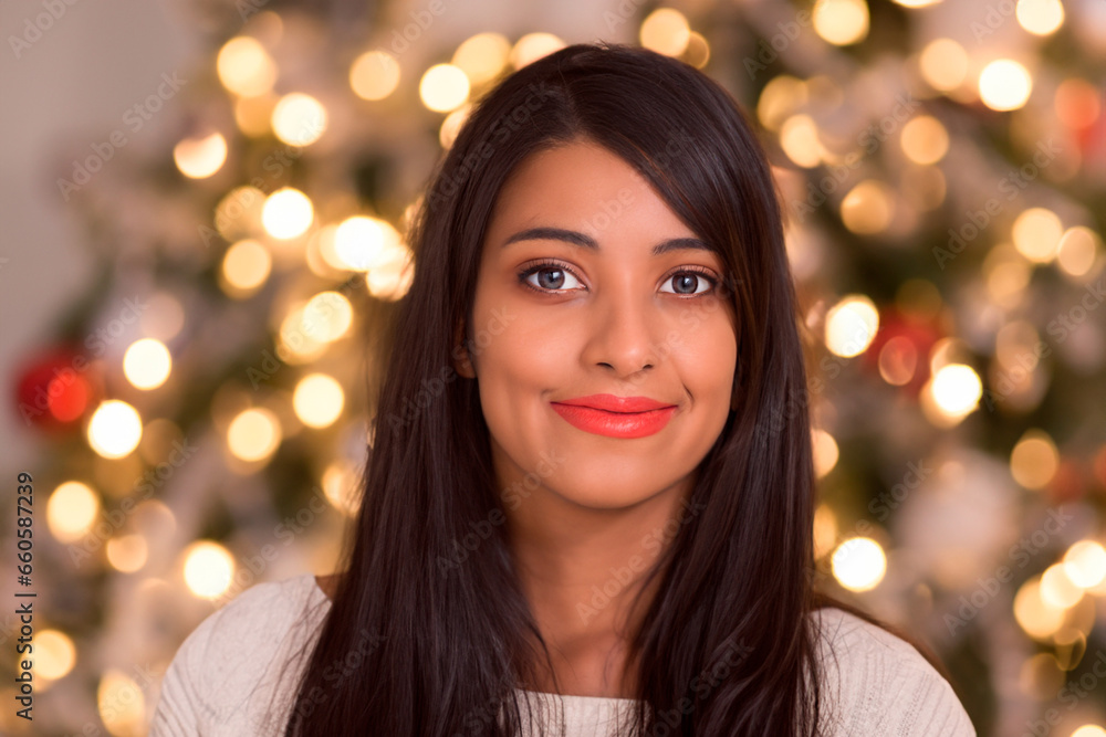 Christmas portrait of a beautiful brunette woman with green eyes wearing a white jumper Christmas portrait of a beautiful brunette woman with green eyes wearing a white jumper