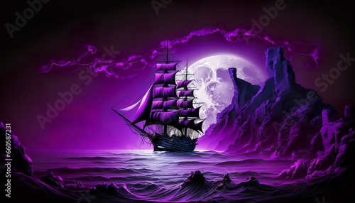 wonderful purple landscape on the water with a ship