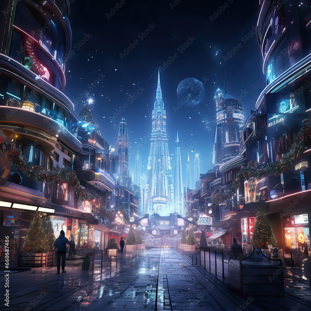 Christmas and AI, 8k, futuristic, bright, vibrant city, Generative AI illustration